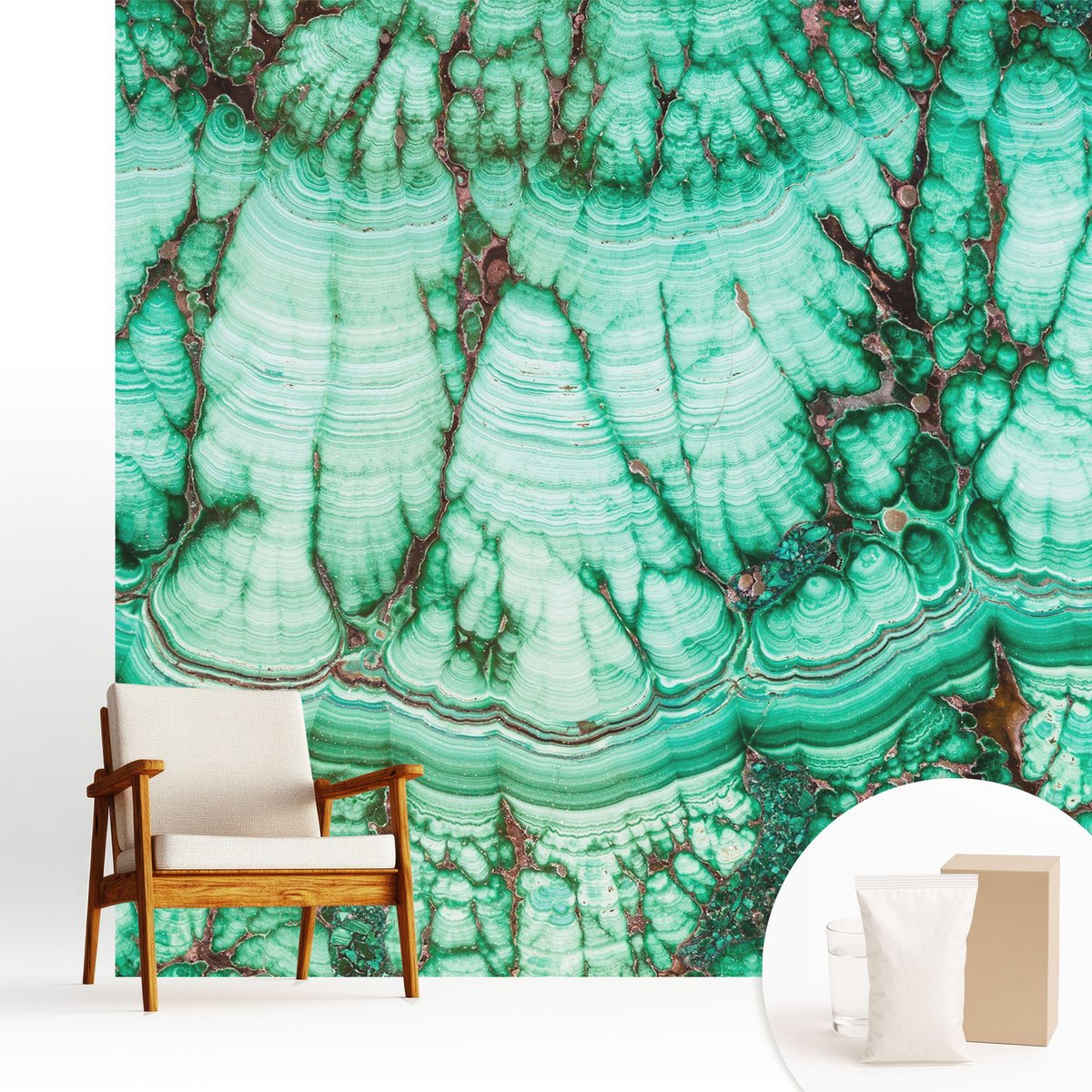 Wallfluent Fotobehang - Turkoois Vliesbehang - 250x250 cm - Groene Patronen Muurschildering - Slaapkamer behang Teksten - Fotobehang Vlies - Slaapkamer behang