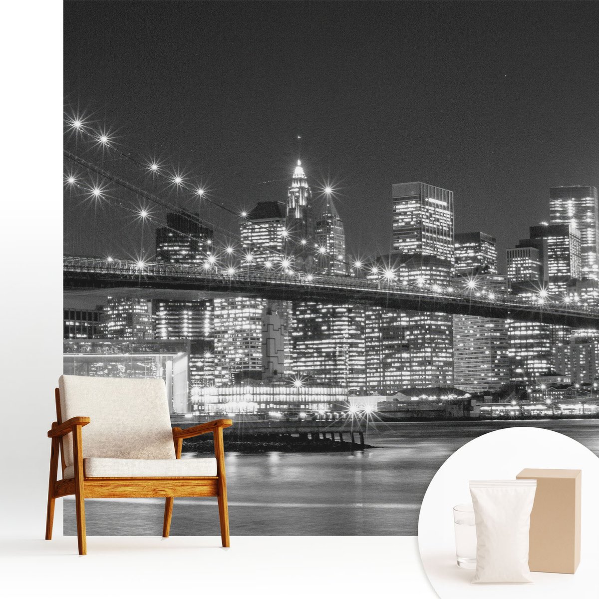 Wallfluent Fotobehang - Zwart-Wit Vliesbehang - 250x250 cm - Nachtpanorama Fotobehang Vlies - Woonkamer behang Steden - Muurschildering - Hal behang