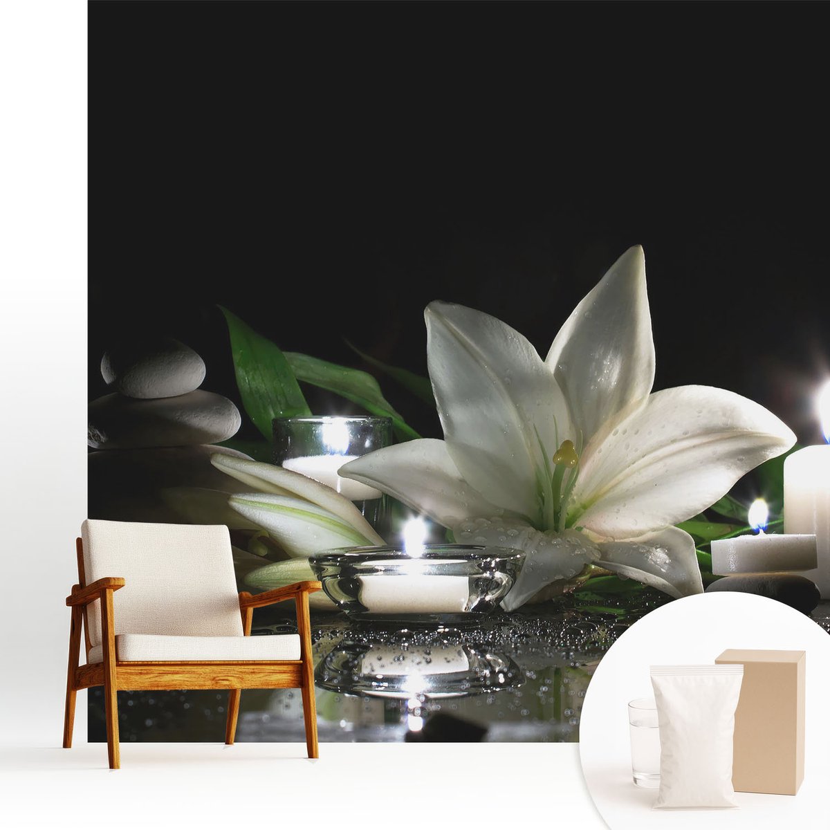 Wallfluent Fotobehang - Zwart Vliesbehang - 250x250 cm - Ontspannende Scène Muurschildering - Slaapkamer behang Bloemen En Planten - Fotobehang Vlies - Slaapkamer behang