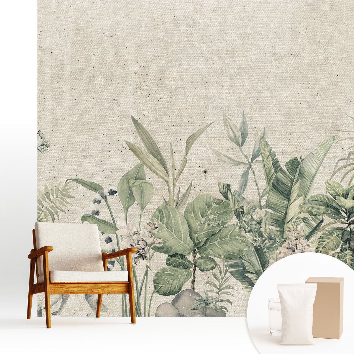 Wallfluent Fotobehang - Beige Vliesbehang - 250x250 cm - Tropische Jungle Fotobehang Vlies - Hal behang Bloemen En Planten - Muurschildering - Hal behang