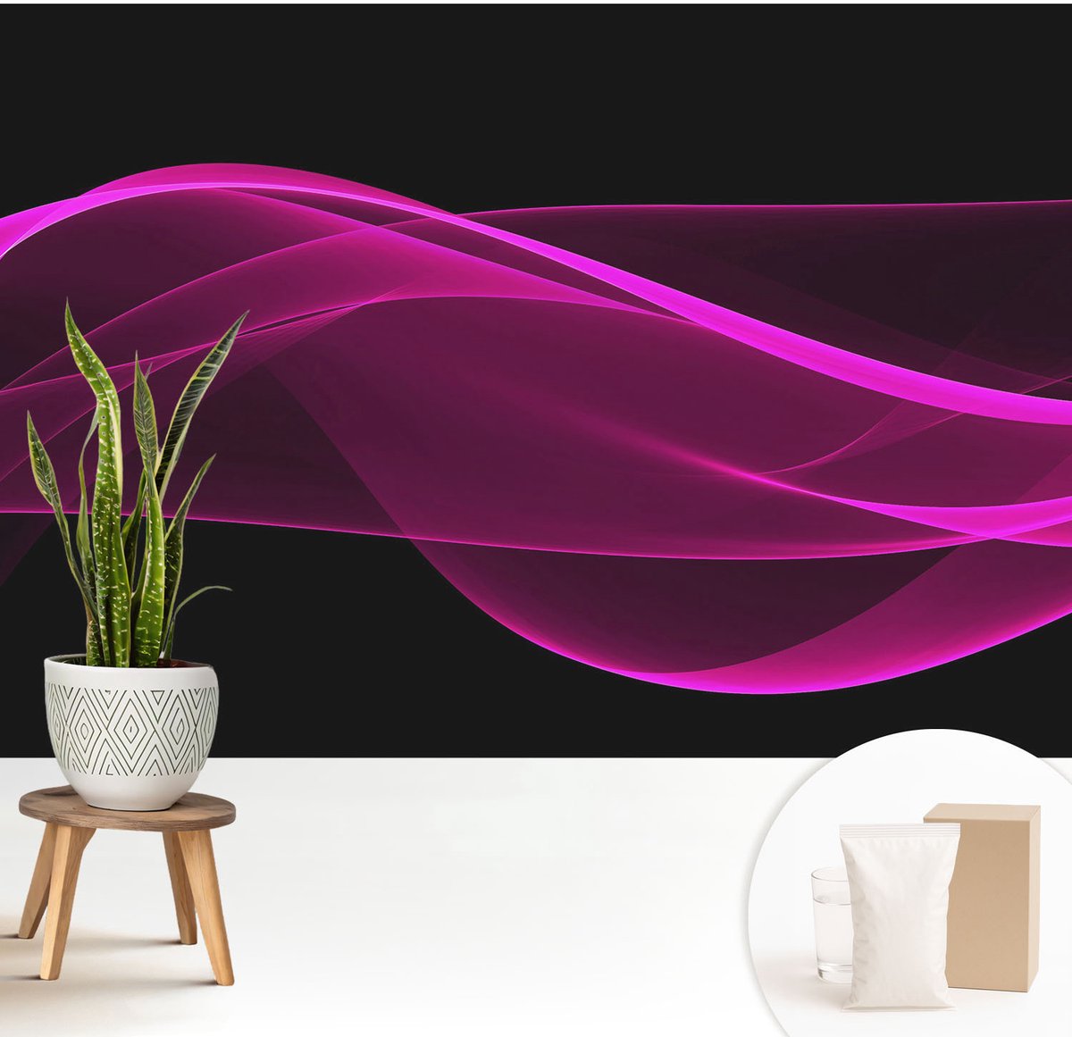 Wallfluent Fotobehang - Zwart Vliesbehang - 208x146 cm - Roze Linten Fotobehang Vlies - Hal behang Abstractie - Muurschildering - Woonkamer behang