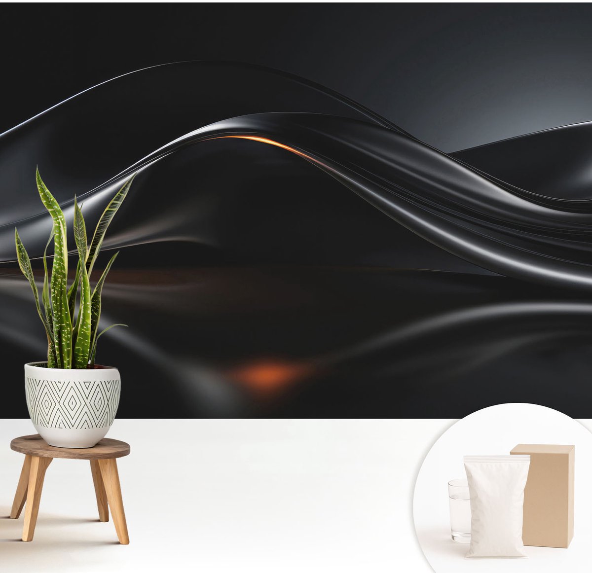 Wallfluent Fotobehang - Zwart Vliesbehang - 208x146 cm - Metaalachtige Golven Muurschildering - Gang behang Abstractie - Fotobehang Vlies - Slaapkamer behang
