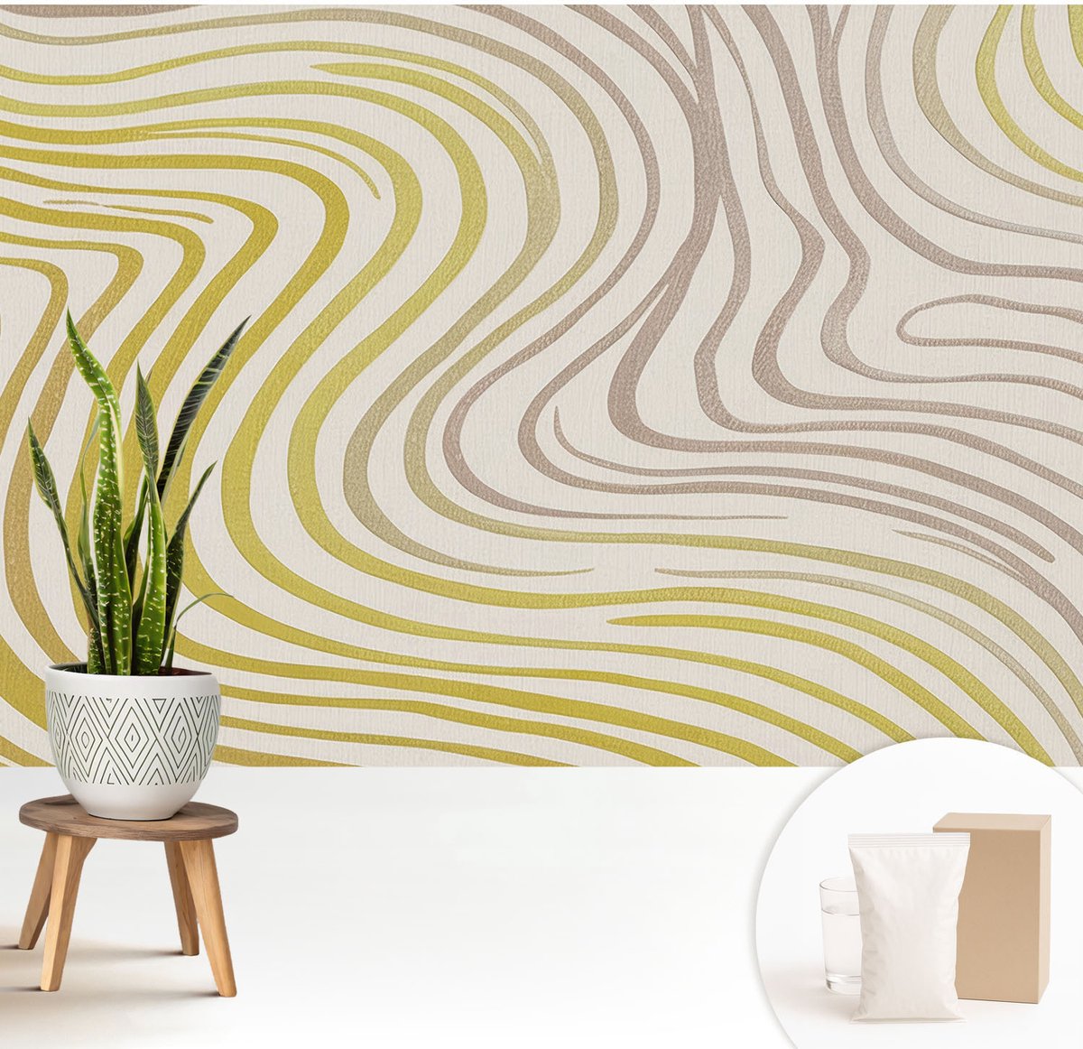 Wallfluent Fotobehang - Geel Vliesbehang - 208x146 cm - Vloeibare Elegantie Muurschildering - Slaapkamer behang Achtergronden En Patronen - Fotobehang Vlies - Slaapkamer behang