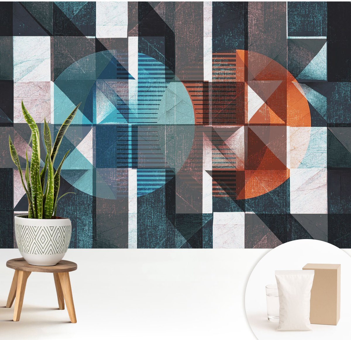 Wallfluent Fotobehang - Blauw Vliesbehang - 208x146 cm - Abstracte Vormen Fotobehang Vlies - Hal behang Abstractie - Muurschildering - Hal behang