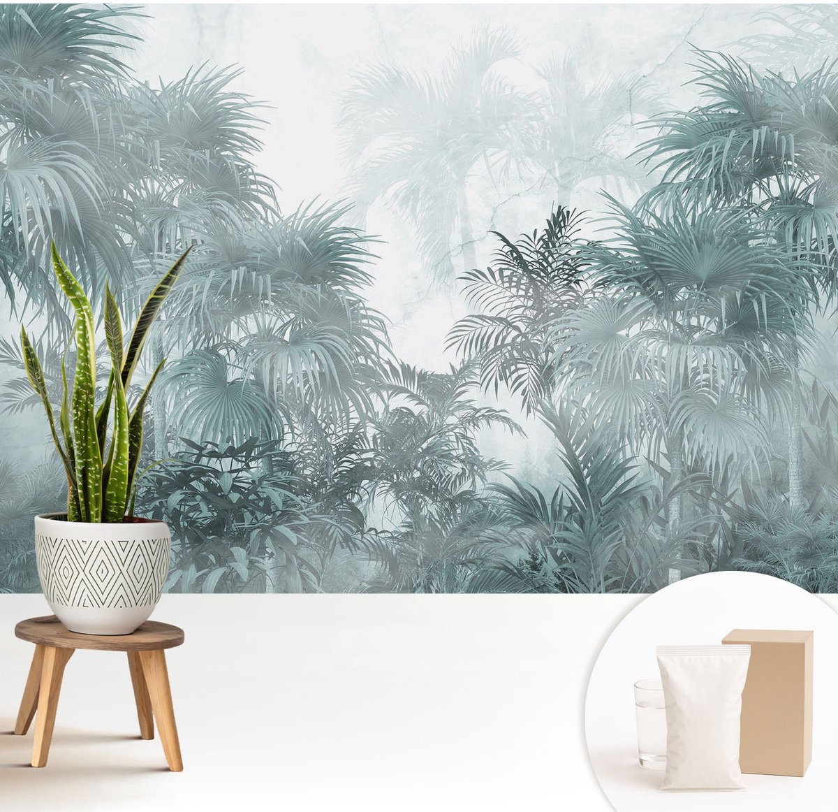 Wallfluent Fotobehang - Blauw Vliesbehang - 208x146 cm - Exotisch Groen Muurschildering - Slaapkamer behang Bloemen En Planten - Fotobehang Vlies - Gang behang