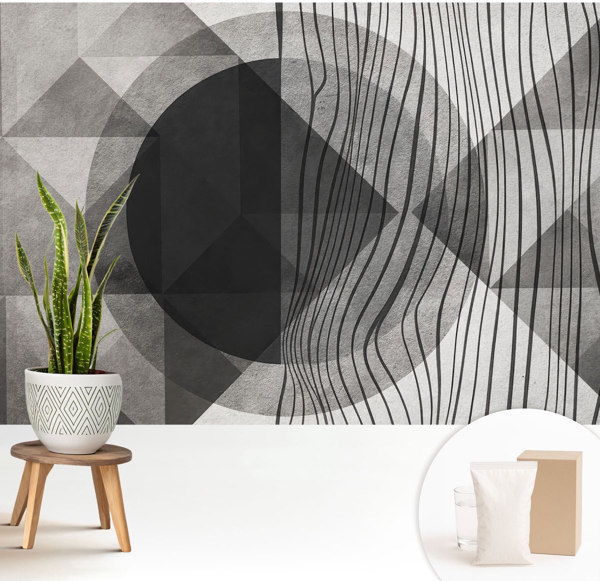 Wallfluent Fotobehang - Zwart-Wit Vliesbehang - 208x146 cm - Abstracte Vormen Fotobehang Vlies - Hal behang Abstractie - Muurschildering - Woonkamer behang