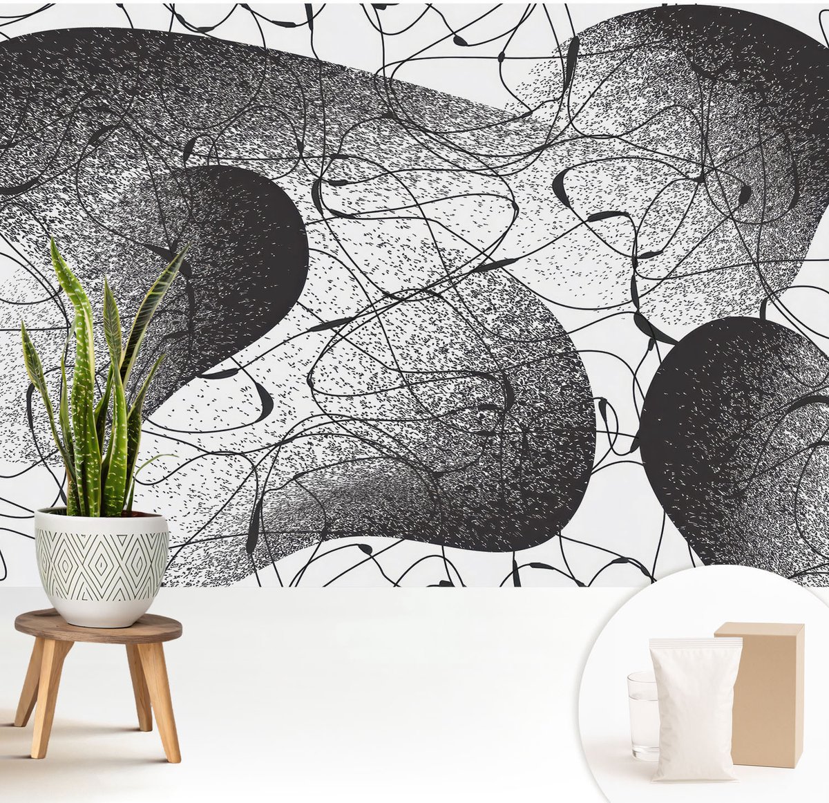 Wallfluent Fotobehang - Zwart Vliesbehang - 208x146 cm - Abstract Patroon Muurschildering - Gang behang Abstractie - Fotobehang Vlies - Slaapkamer behang