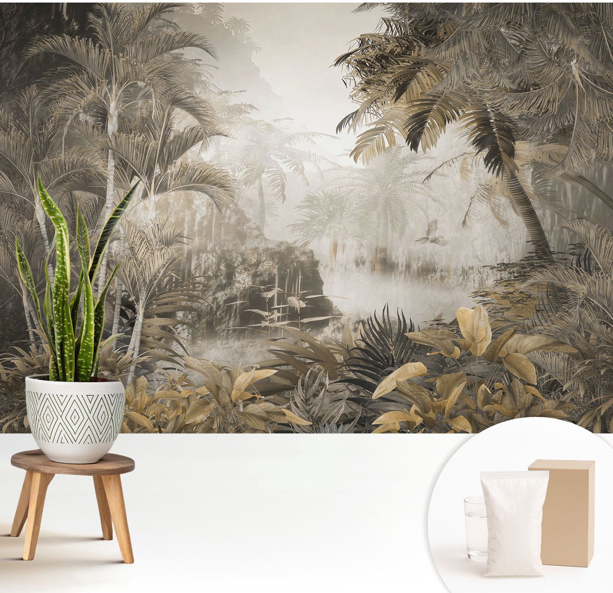 Wallfluent Fotobehang - Grijs Vliesbehang - 208x146 cm - Tropisch Bos Fotobehang Vlies - Woonkamer behang Bloemen En Planten - Muurschildering - Woonkamer behang