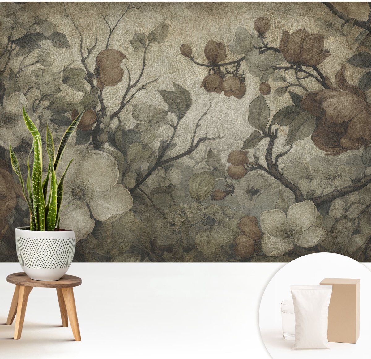 Wallfluent Fotobehang - Bruin Vliesbehang - 208x146 cm - Bloemenpracht Muurschildering - Slaapkamer behang Bloemen En Planten - Fotobehang Vlies - Slaapkamer behang