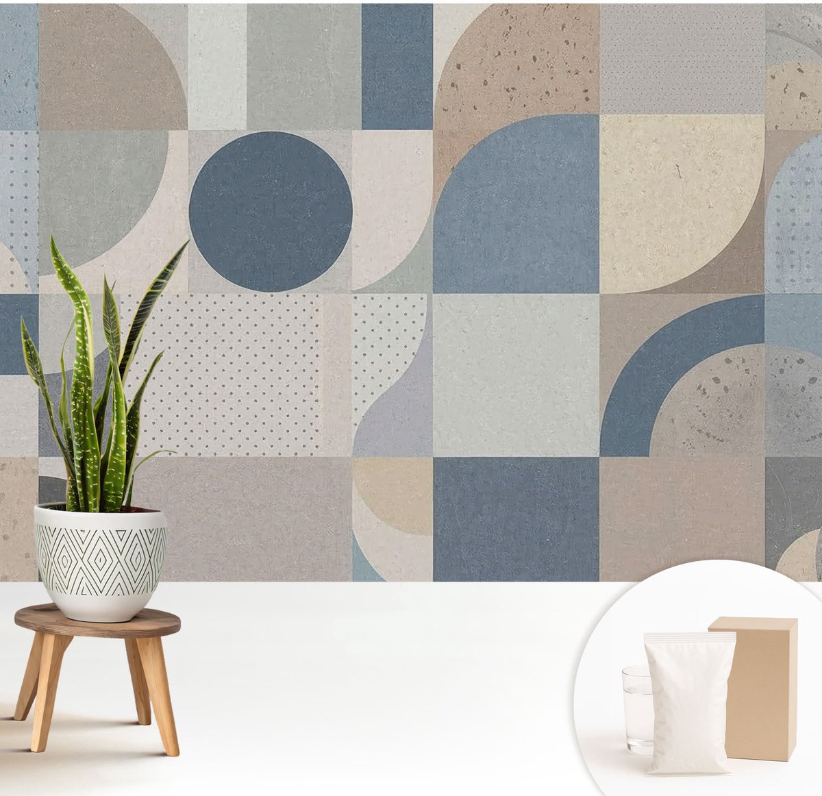 Wallfluent Fotobehang - Grijs Vliesbehang - 208x146 cm - Geometrische Mozaïek Muurschildering - Slaapkamer behang Geometrie - Fotobehang Vlies - Gang behang