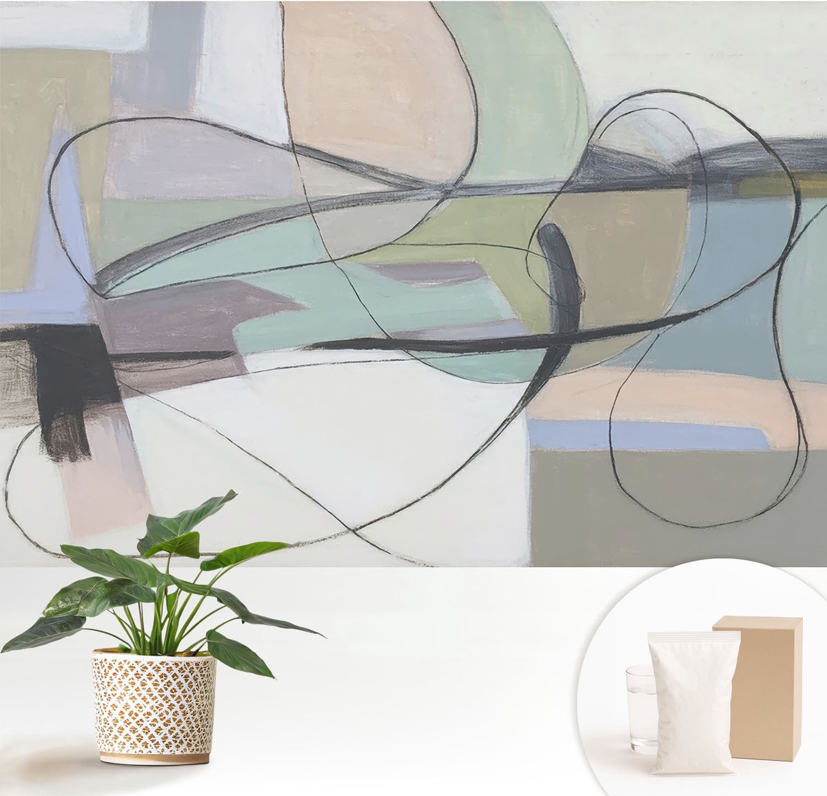 Wallfluent Fotobehang - Grijs Vliesbehang - 152x104 cm - Pastelkleurige Lijnen Muurschildering - Slaapkamer behang Abstractie - Fotobehang Vlies - Gang behang
