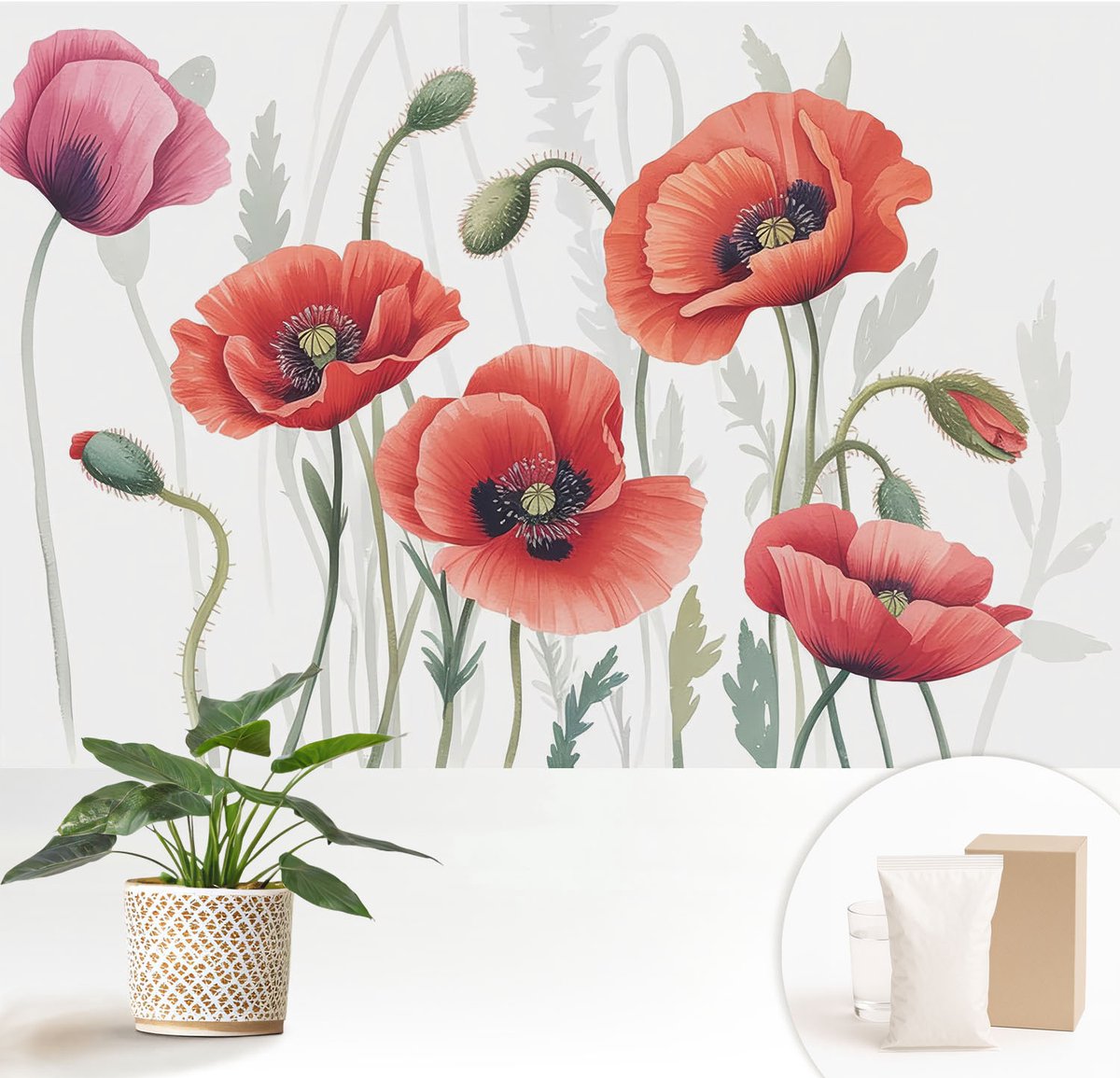 Wallfluent Fotobehang - Rood Vliesbehang - 152x104 cm - Rode Klaprozen Fotobehang Vlies - Woonkamer behang Bloemen En Planten - Muurschildering - Woonkamer behang