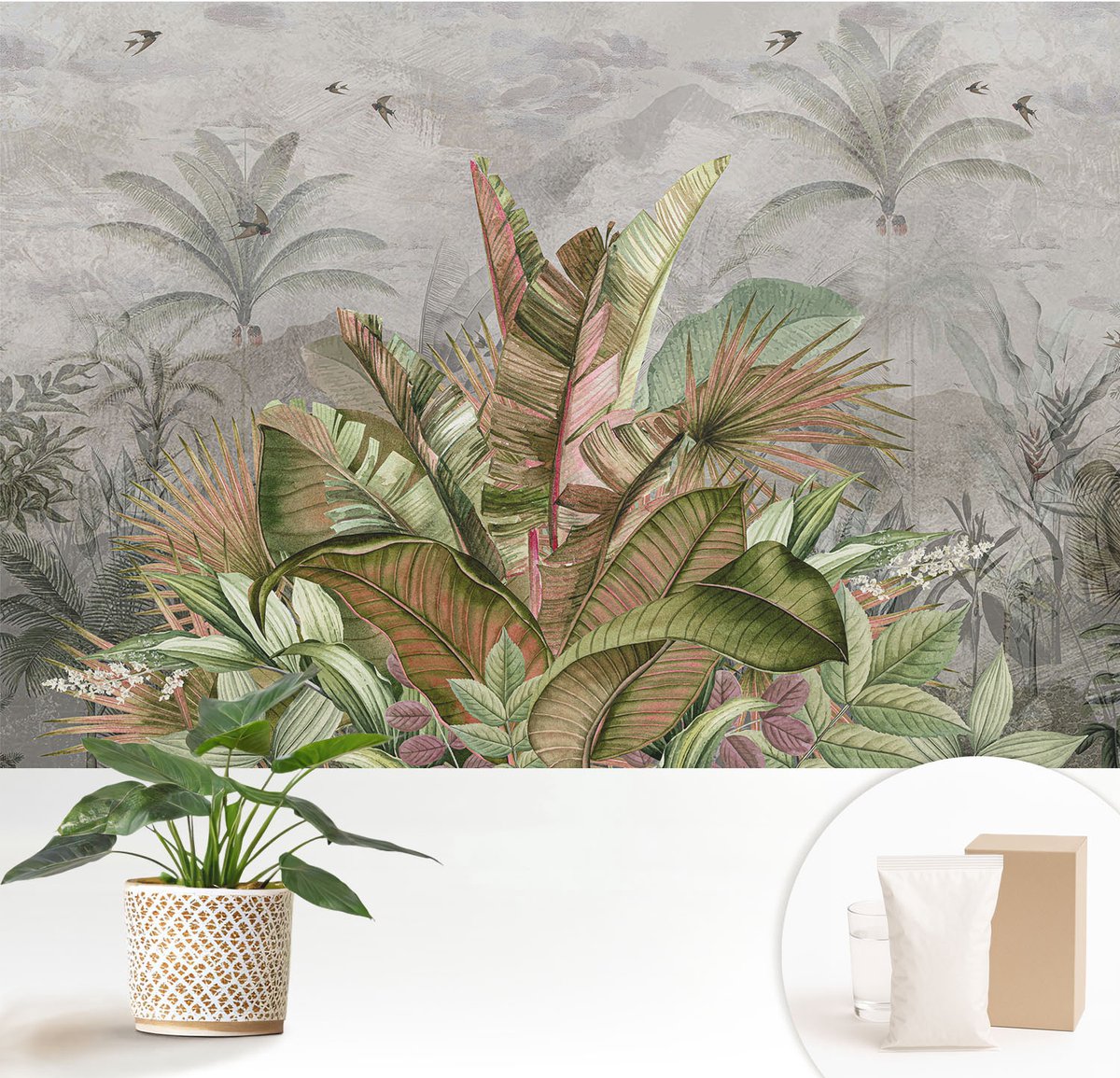 Wallfluent Fotobehang - Grijs Vliesbehang - 152x104 cm - Exotische Jungle Muurschildering - Slaapkamer behang Bloemen En Planten - Fotobehang Vlies - Slaapkamer behang