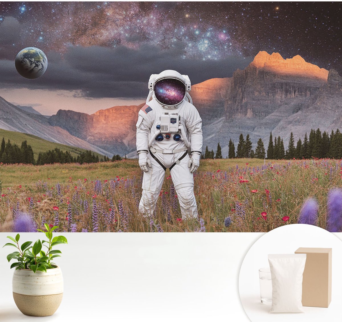 Wallfluent Fotobehang - Zwart Vliesbehang - 104x70 cm - Kosmisch Landschap Muurschildering - Gang behang Kosmos - Fotobehang Vlies - Slaapkamer behang