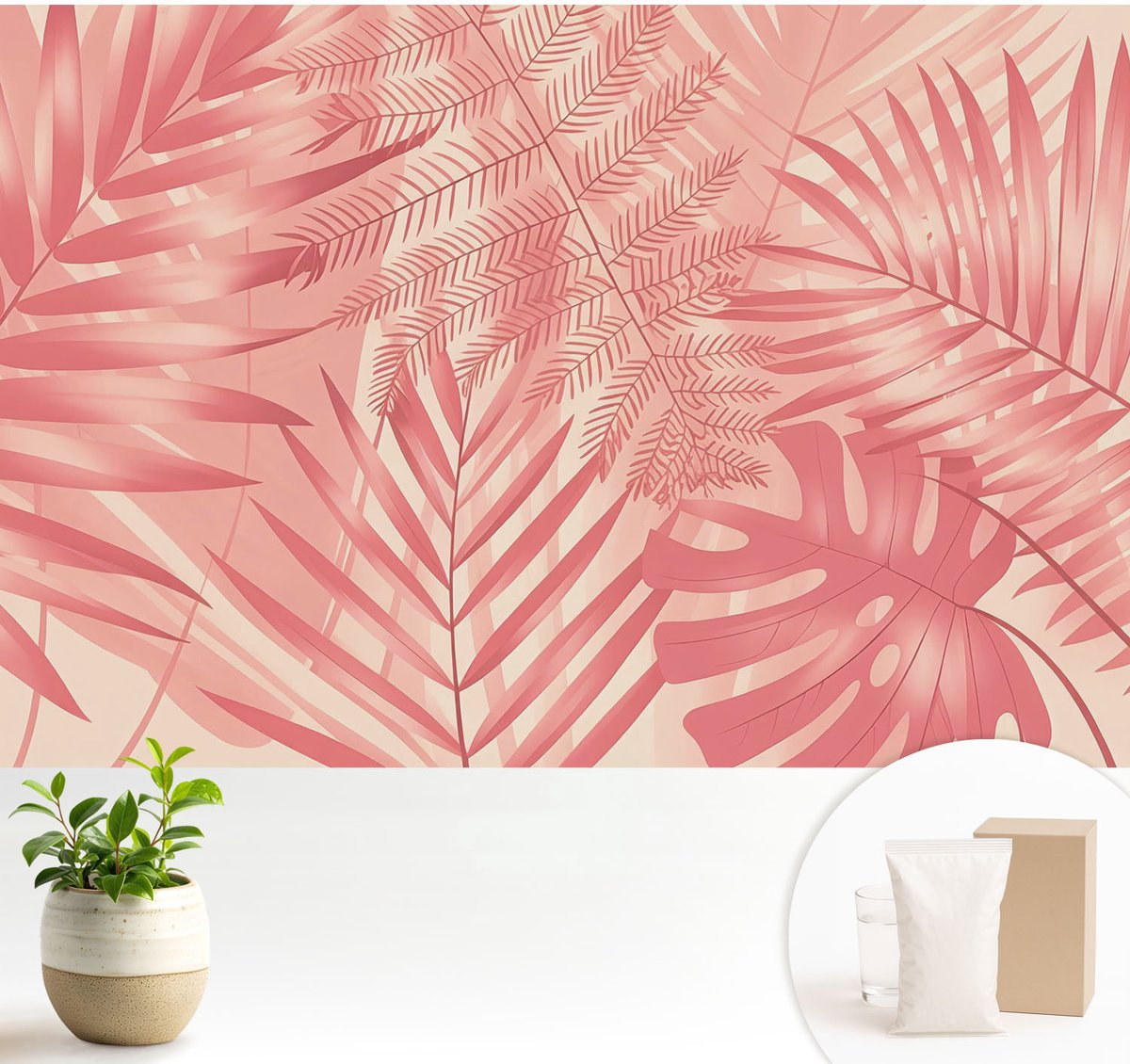 Wallfluent Fotobehang - Roze Vliesbehang - 104x70 cm - Tropische Bladeren Muurschildering - Slaapkamer behang Bloemen En Planten - Fotobehang Vlies - Gang behang