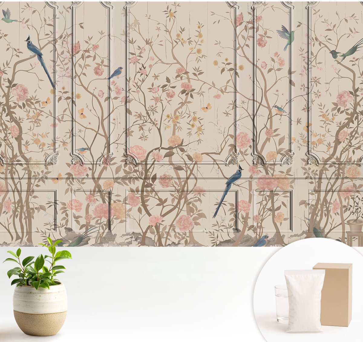 Wallfluent Fotobehang - Wit Vliesbehang - 104x70 cm - Vogels En Bloemen Fotobehang Vlies - Woonkamer behang Bloemen En Planten - Muurschildering - Woonkamer behang