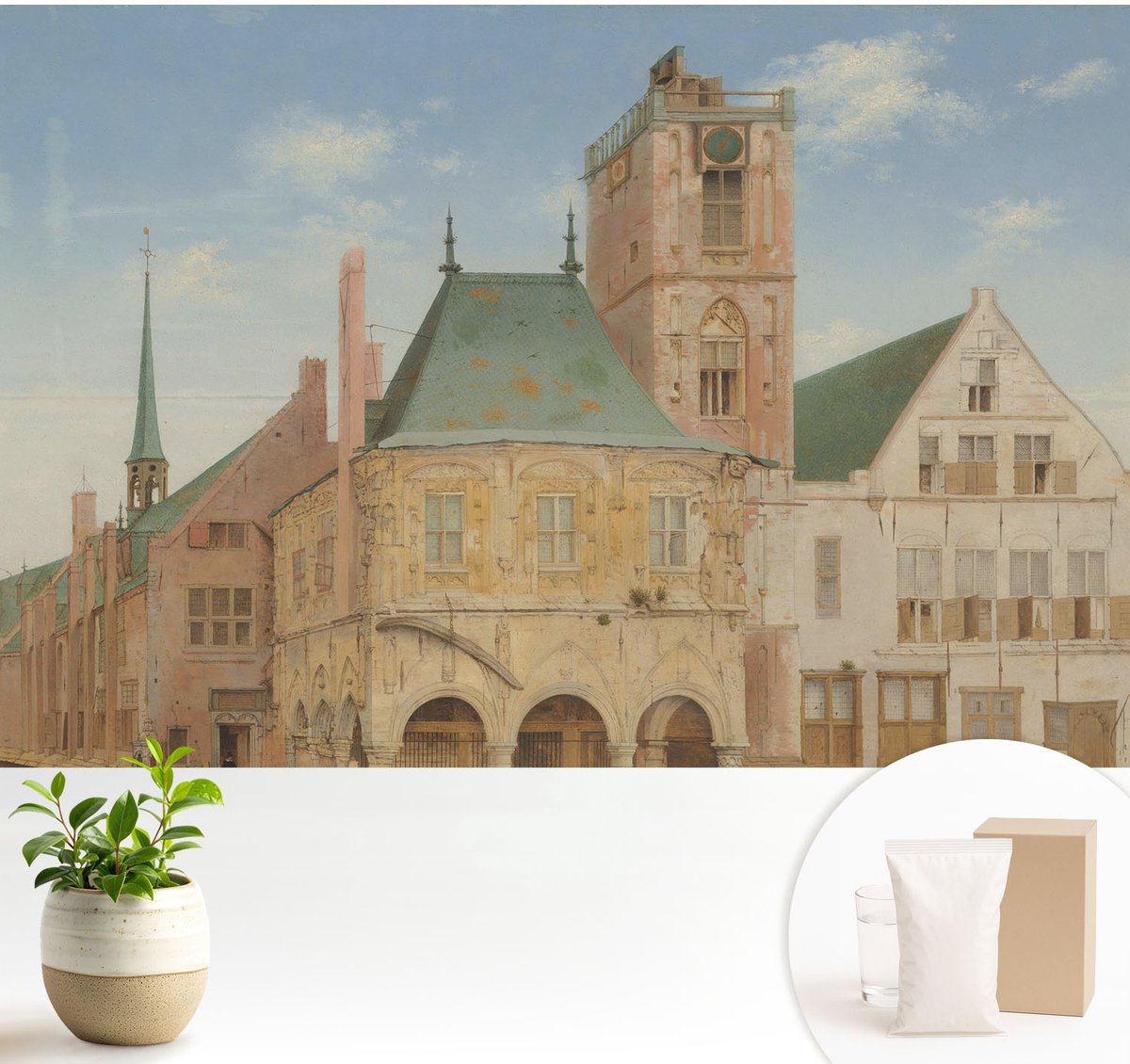 Wallfluent Fotobehang - Blauw Vliesbehang - 104x70 cm - Historisch Stadhuis Fotobehang Vlies - Woonkamer behang Architectuur - Muurschildering - Woonkamer behang