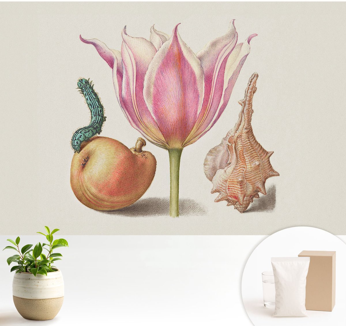 Wallfluent Fotobehang - Beige Vliesbehang - 104x70 cm - Natuurlijke Symbiose Muurschildering - Slaapkamer behang Bloemen En Planten - Fotobehang Vlies - Slaapkamer behang