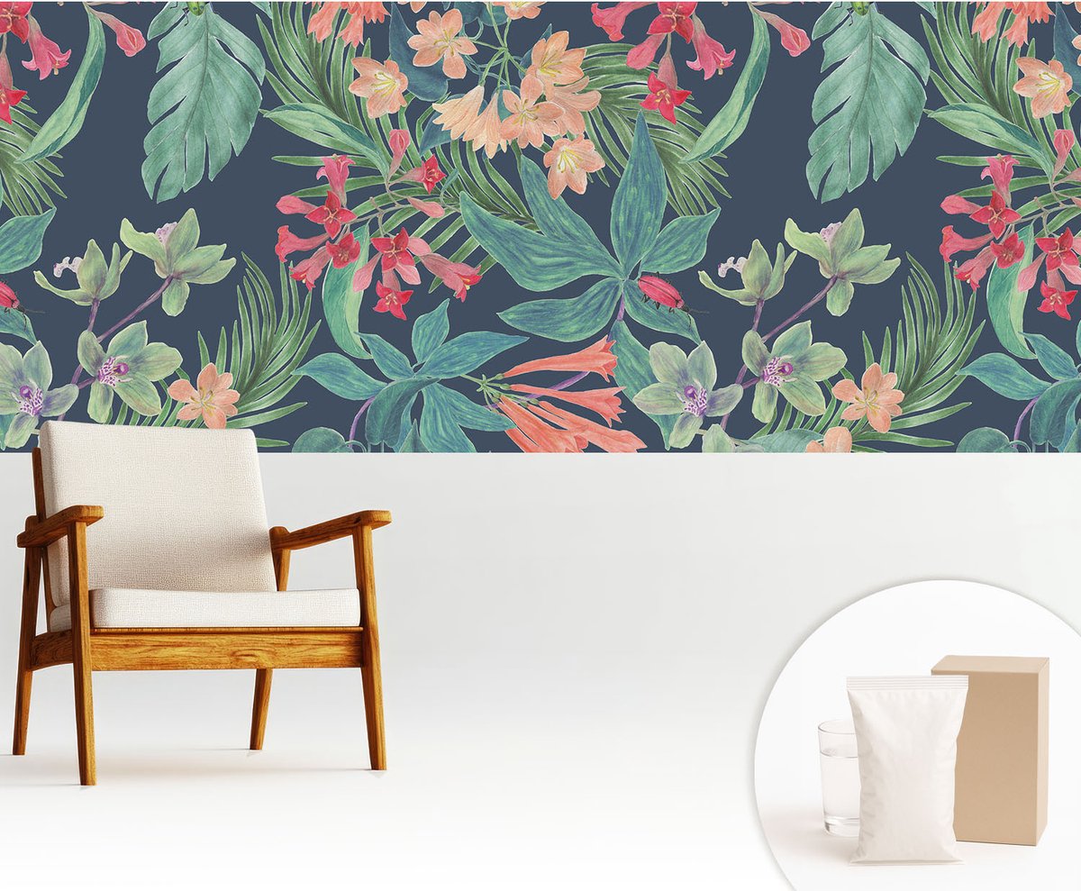Wallfluent Fotobehang - Marine Vliesbehang - 250x104 cm - Tropische Bloemen Muurschildering - Slaapkamer behang Bloemen En Planten - Fotobehang Vlies - Slaapkamer behang