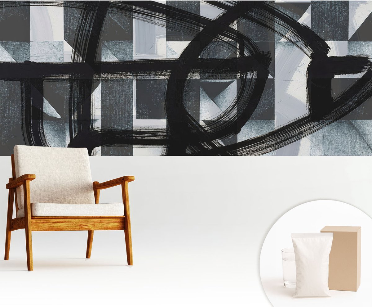 Wallfluent Fotobehang - Zwart Vliesbehang - 250x104 cm - Expressieve Geometrie Muurschildering - Gang behang Abstractie - Fotobehang Vlies - Gang behang