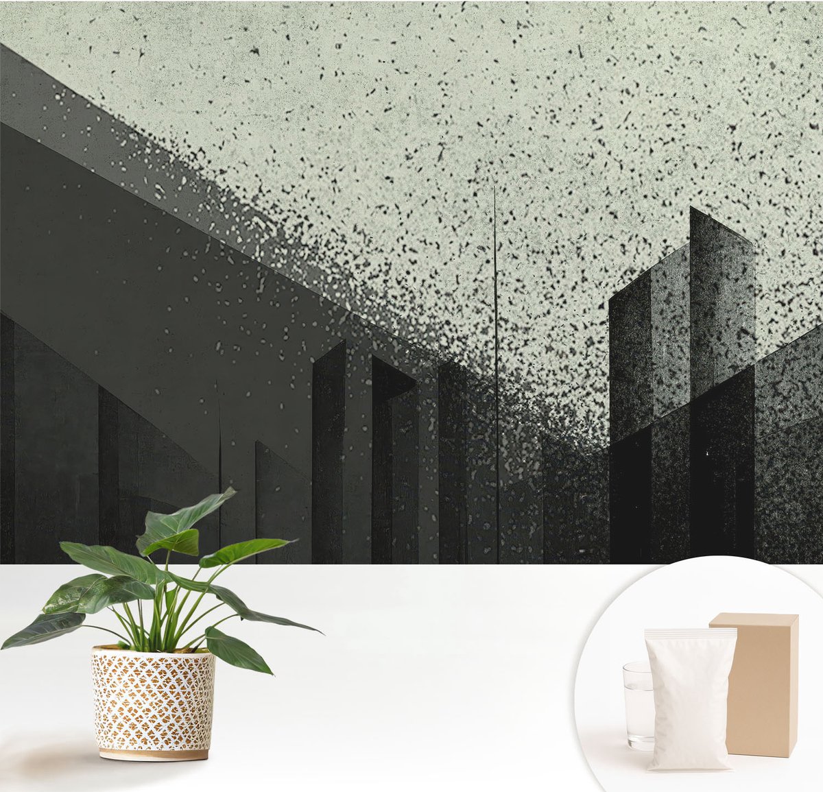 Wallfluent Fotobehang - Zwart Vliesbehang - 152x104 cm - Stadsgeometrie Fotobehang Vlies - Woonkamer behang Abstractie - Muurschildering - Woonkamer behang