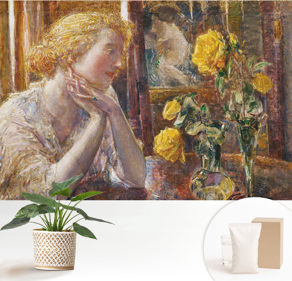 Wallfluent Fotobehang - Geel Vliesbehang - 152x104 cm - Vrouw Met Rozen Fotobehang Vlies - Hal behang Deel - Muurschildering - Woonkamer behang