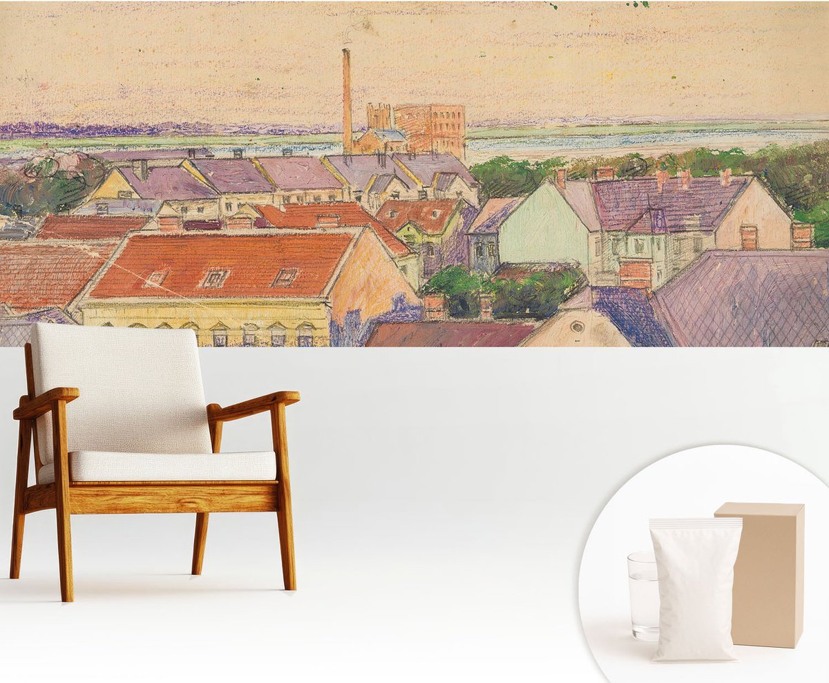 Wallfluent Fotobehang - Beige Vliesbehang - 250x104 cm - Stedelijke Daken Muurschildering - Gang behang Architectuur - Fotobehang Vlies - Slaapkamer behang