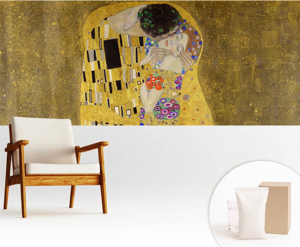 Wallfluent Fotobehang - Geel Vliesbehang - 250x104 cm - Art Nouveau-Paar Fotobehang Vlies - Woonkamer behang Deel - Muurschildering - Woonkamer behang