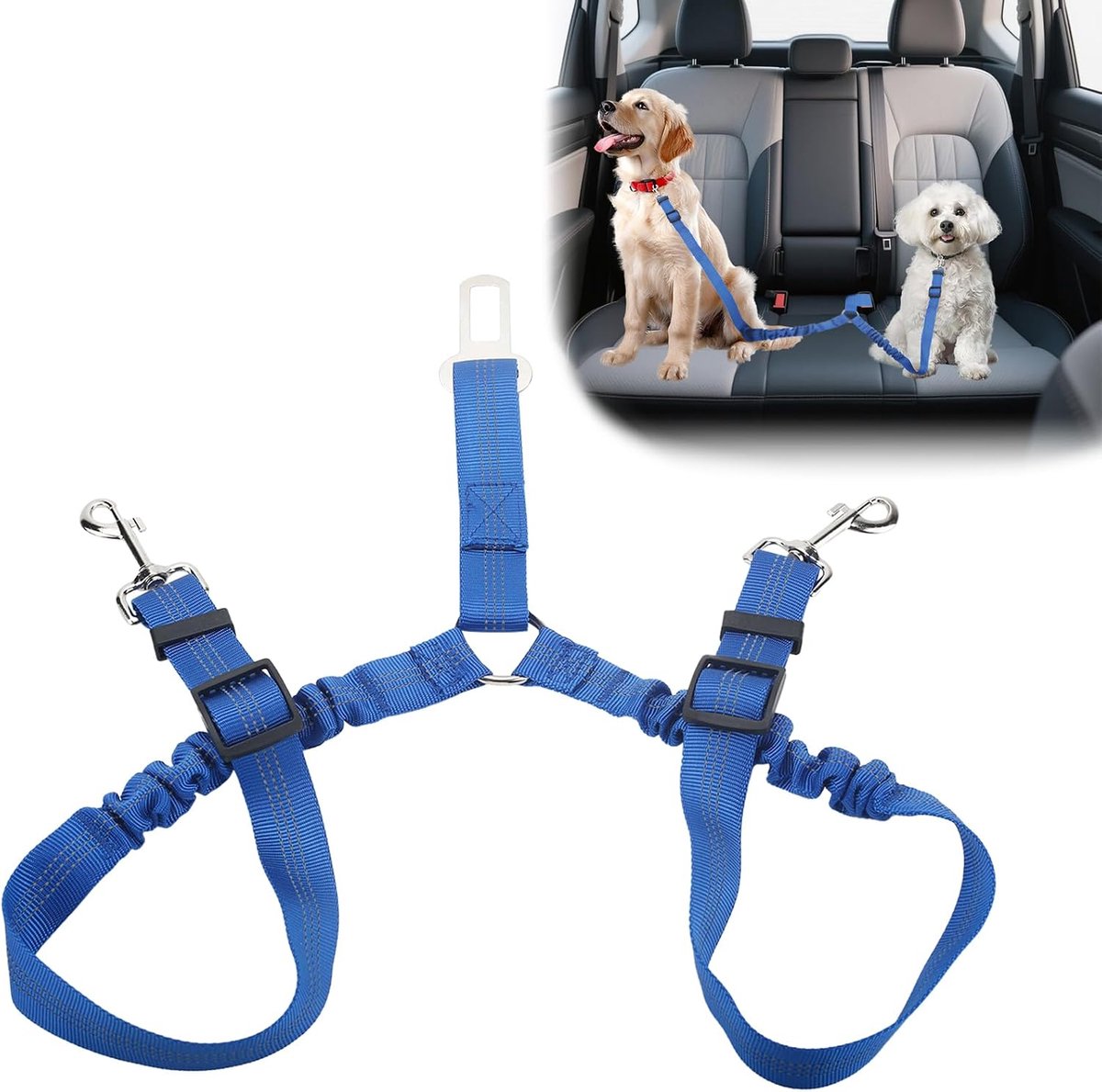 Hondengordels voor auto's UK, 360° wirwar vrije dubbele hondenriem, verstelbaar autoharnas voor het uitlaten van 2 honden, reisaccessoires voor huisdierveiligheid (blauw)