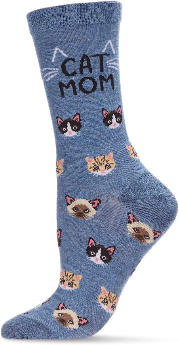 Dames Cat Mom Bamboo Crew Sokken, Denim Heather, Maat 9-11, Rayon van Bamboe
