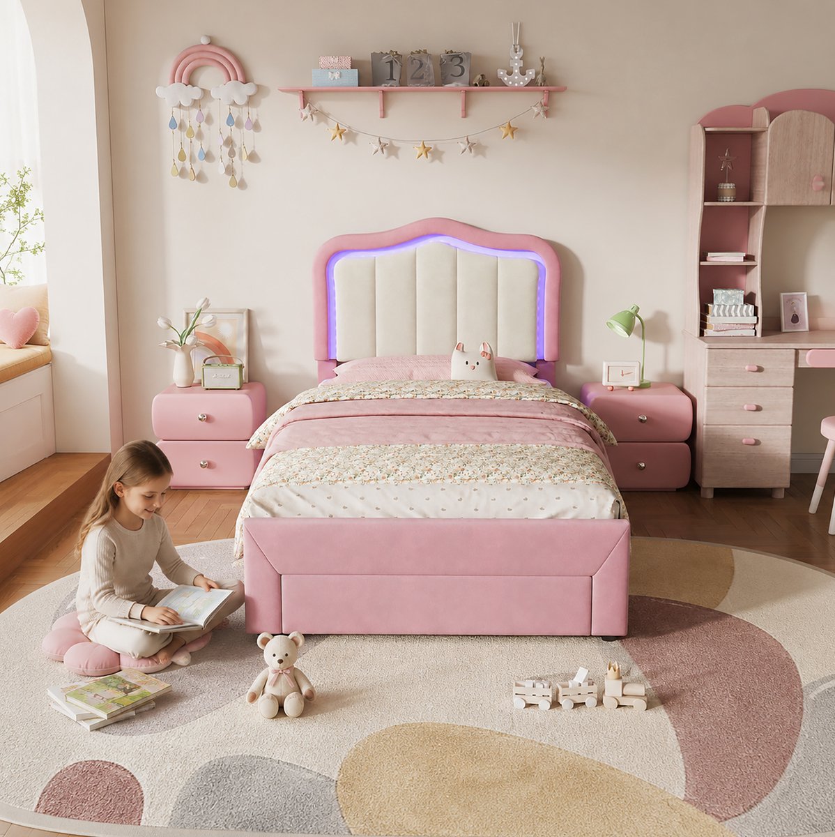 MODENUIT Kinderbed – 90 x 200 cm – Ledverlichting Met Appbediening – Fluweel – Roze – Bedlade en Witte Rugleuning