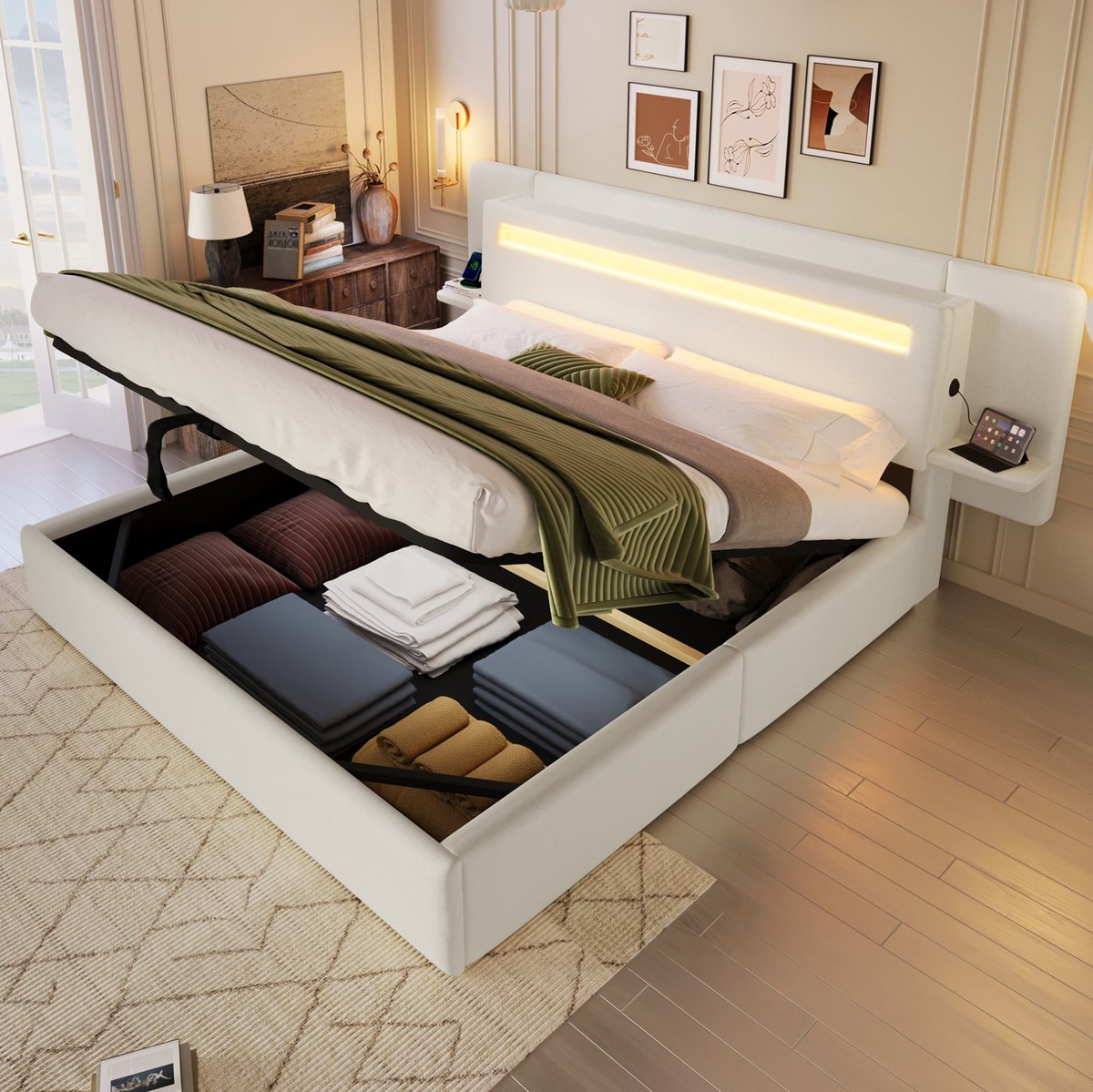 MODENUIT Gestoffeerd Bed – 180 x 200 Cm – Hydraulische Opbergruimte – Linnen en MDF – Beige – Ledverlichting met USB