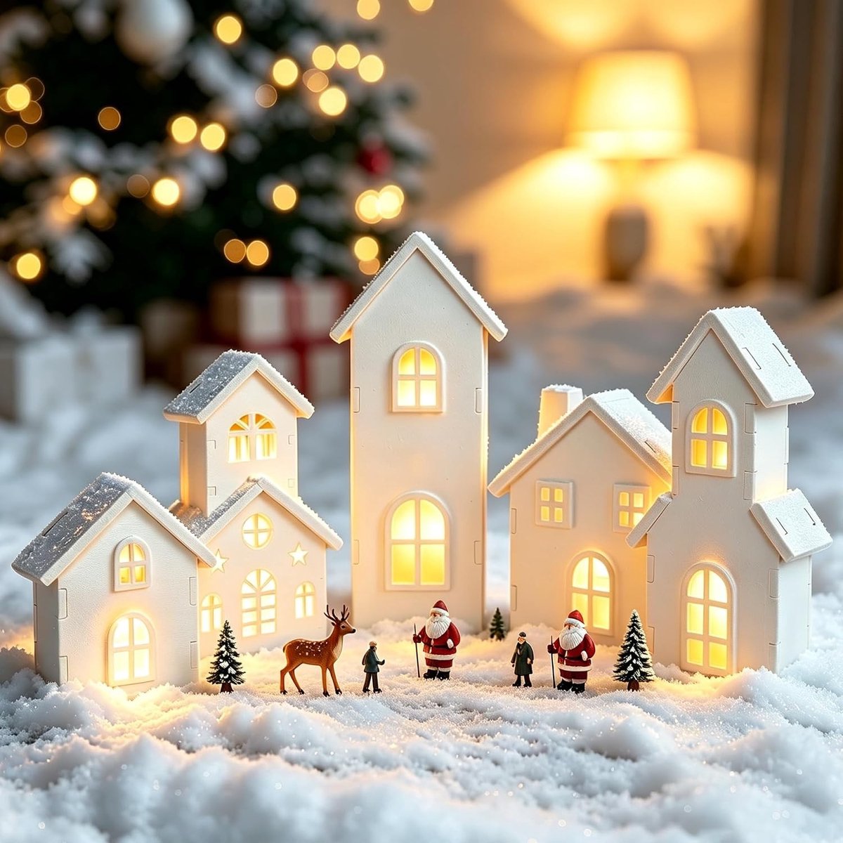 Verlichte Kerstdorp Set - Wit - 5 Stuks - Houten Kersthuizen met LED Licht - Voor Binnen