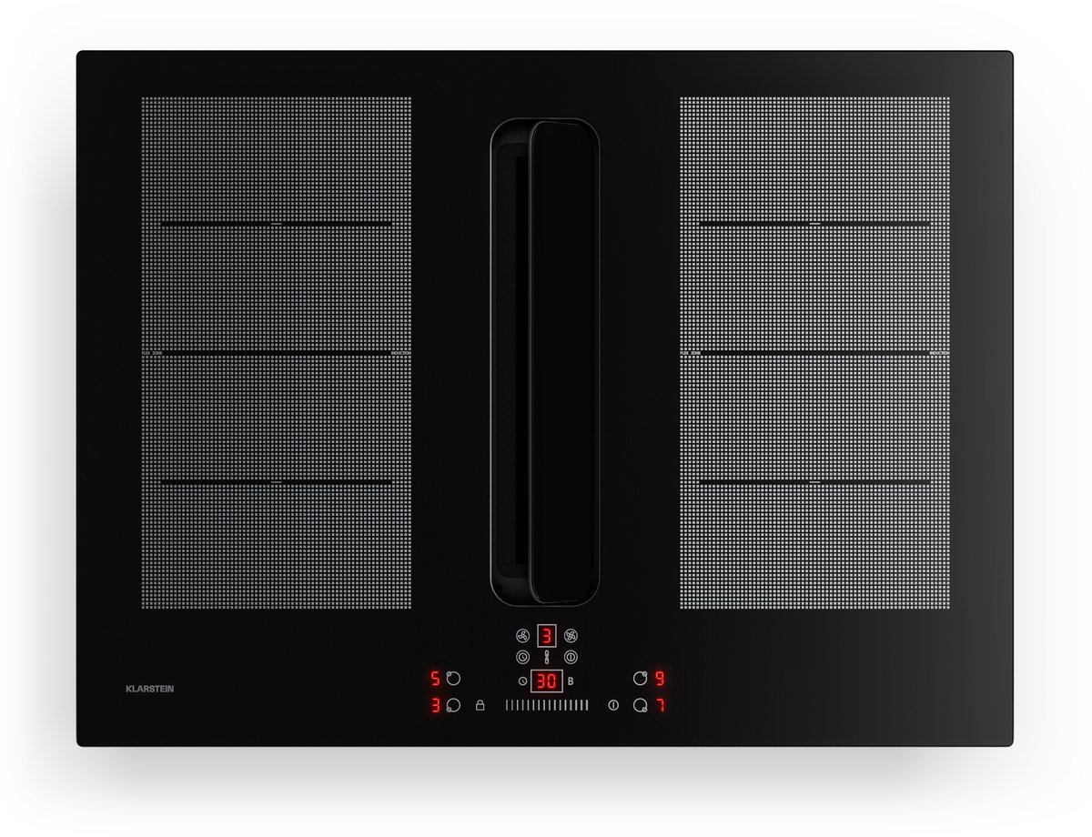 Klarstein ChefFusion inductiekookplaat met afzuiging 70 cm – 4 kookzones, 7200 W, 504,3 m³/u, flexibele kookzones, recirculatie & afvoer