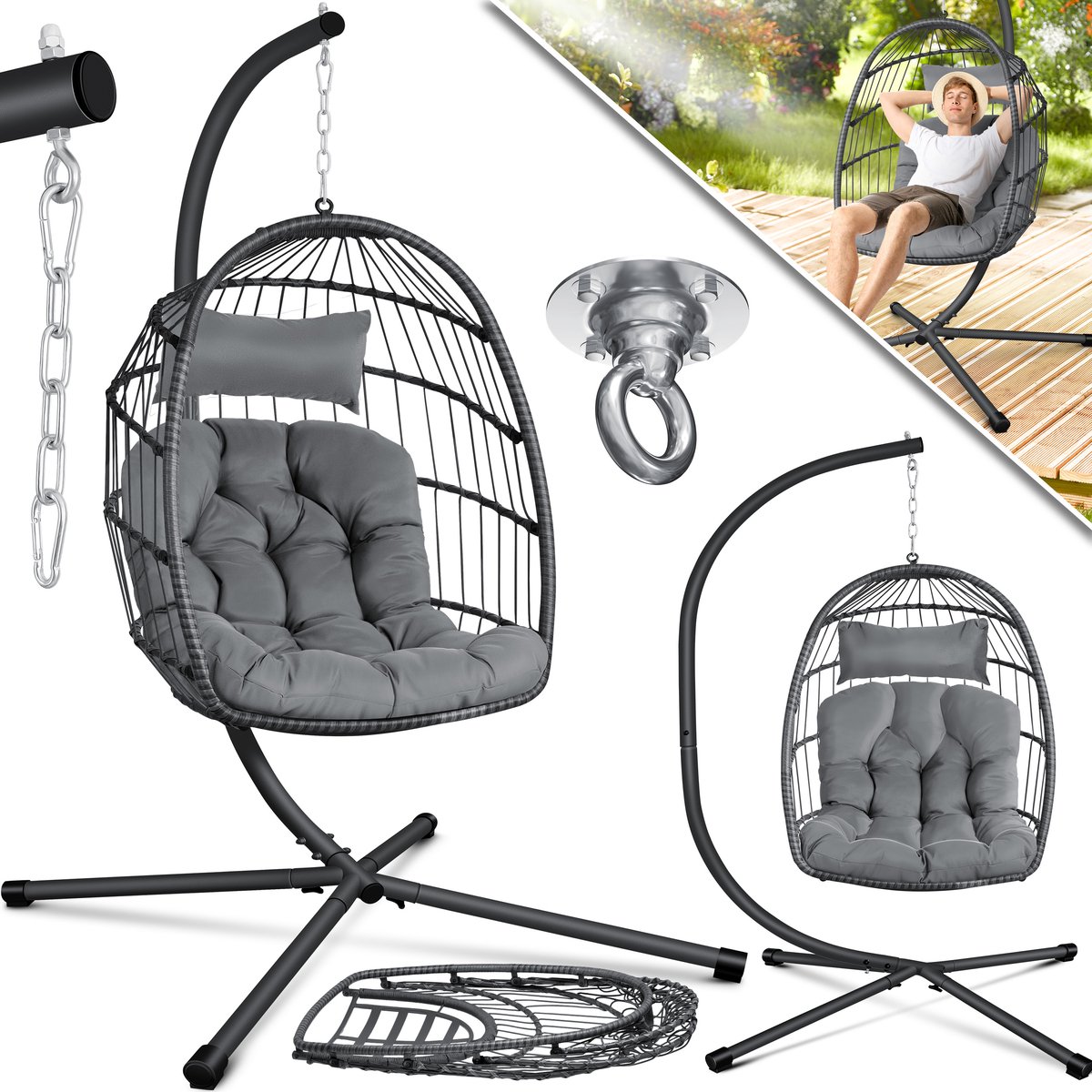 KESSER® Hangstoel Jungle - Stalen frame met kussens - Belastbaar tot 150 kg - Binnen en buiten - Grijs