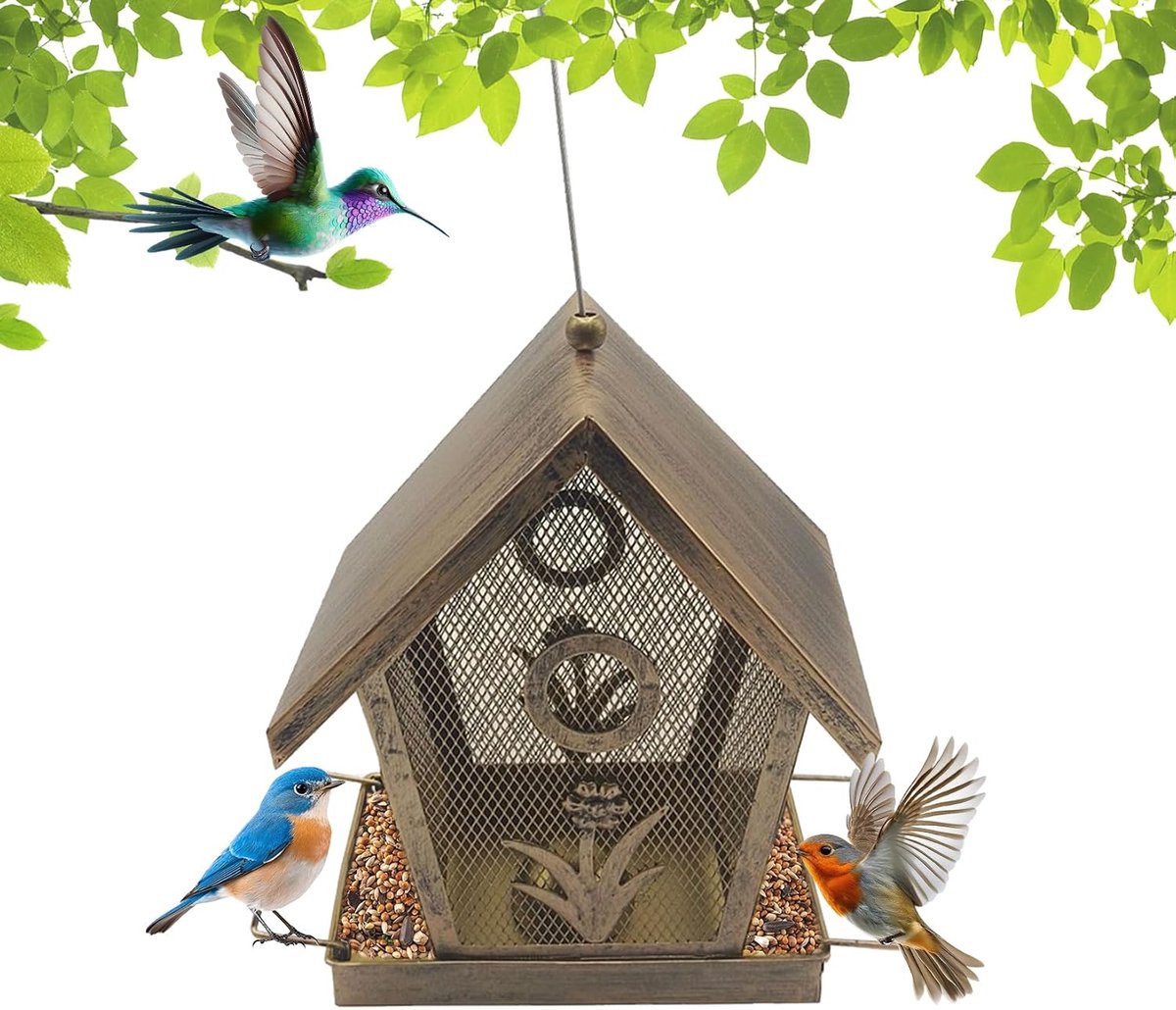 Vogelhuisje om op te hangen Hoge weersbestendigheid Metalen vogelvoederbak Grote capaciteit Vogelvoederhuisje Voor buiten Tuin Achtertuin