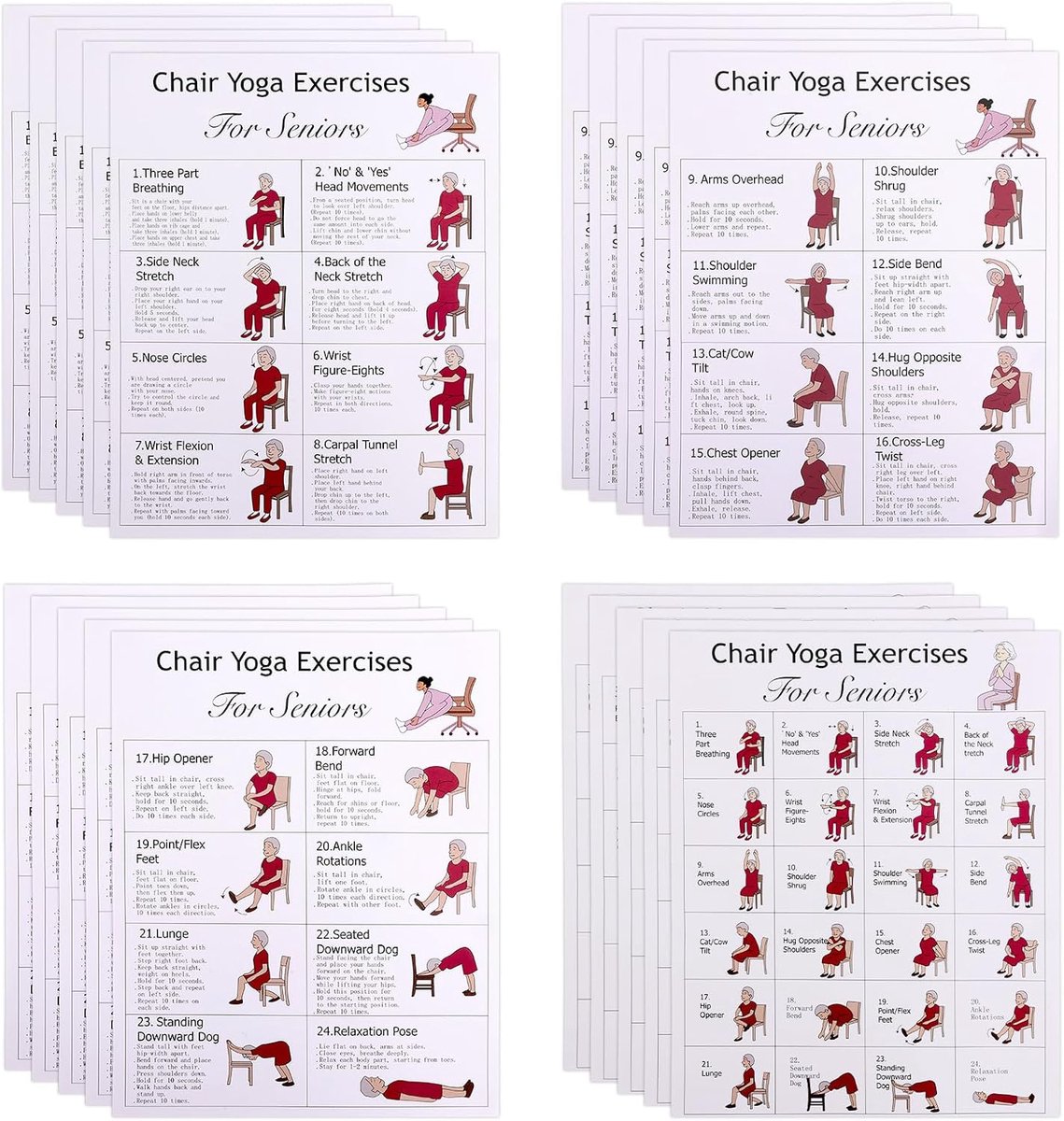 20 Stuks Stoelyoga-Posters voor Senioren en Beginners, 4 Verschillende Ontwerpen Fitnessstoeltraining Flexibiliteits- en Balanstraining Wanddecoratie voor Thuisyoga