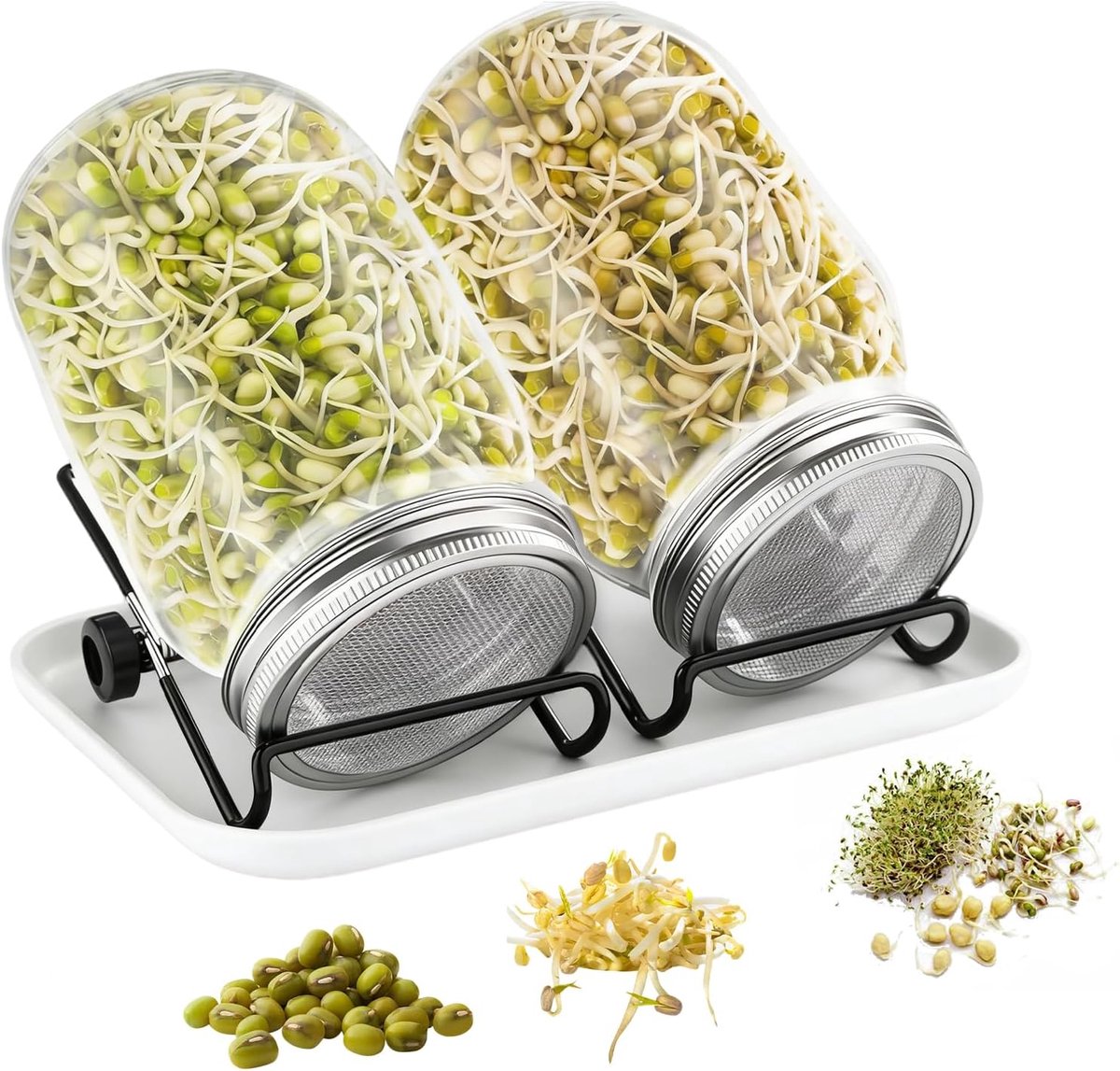Kiempot, set van 2 stuks, kiempot met 2 x 750 ml kiempot, 1 dienblad, 2 instelbare houders en 2 roestvrij stalen deksels, kiemapparaat ideaal voor Alfalfa, Broccoli, Mungboon
