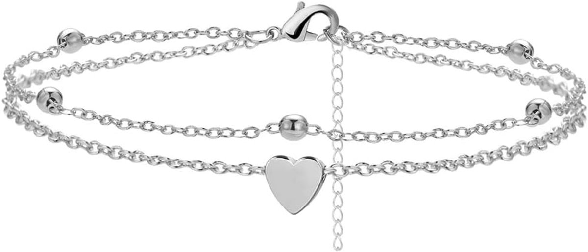 Anklet, anklet for women, heart-shaped pendant stainless steel, double silver anklet for women, adjustable stainless - ShopVlot