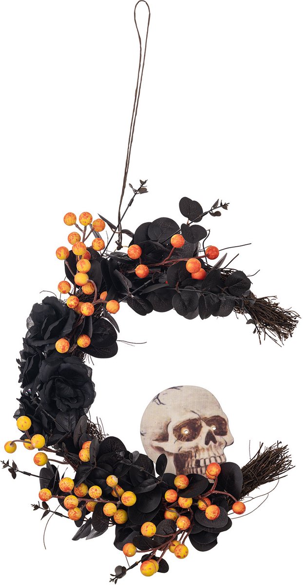 Halloweenkrans met schedel en zwarte roos - Zwarte kat maanpoortdecoratie met binnen- en buitenverlichting, uniek halvemaanvormig ontwerp, perfecte Halloweenversiering voor de voordeur (batterijen niet inbegrepen)