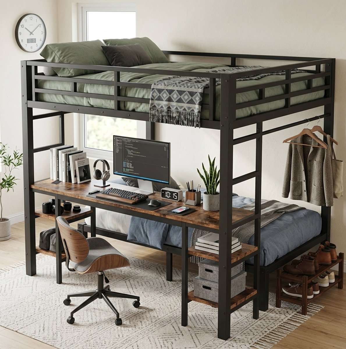 DESMIU Stapelbed 140 x 200 cm En 90 x 200 cm – Bureau Met Laadstation En Kledingstang – Ladders – Metaal En Hout – Zwart Met Houtlook – Zonder Matras