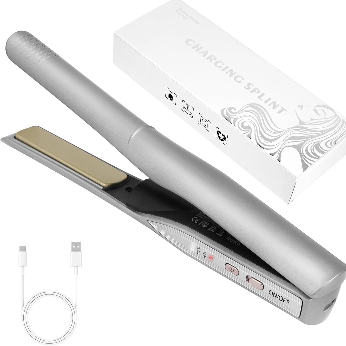 SnelShoppen - Draagbare Stijltang 2-in-1 Draadloos Oplaadbaar USB Keramische Coating 3 Temperatuurniveaus Zilver - Perfect voor Glad en Golvend Haar