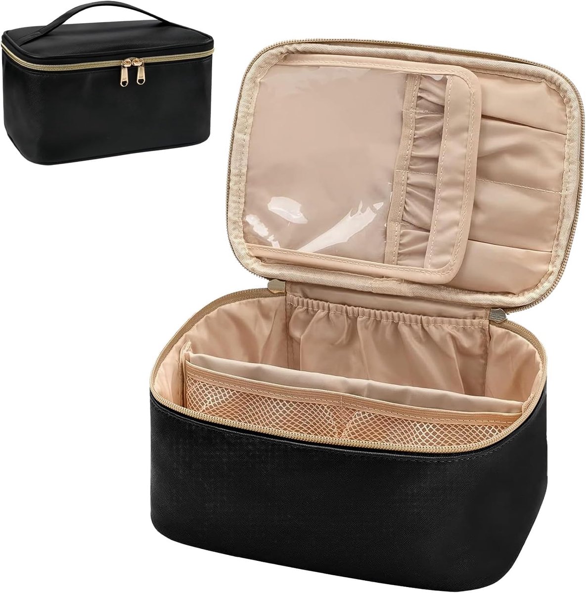 SnelShoppen - Grote Reistas voor Vrouwen - Draagbare Makeup Organizer met Scheidingswand - Zwarte Cosmetica Tas met Handvat - Ideaal voor Reizen en Da