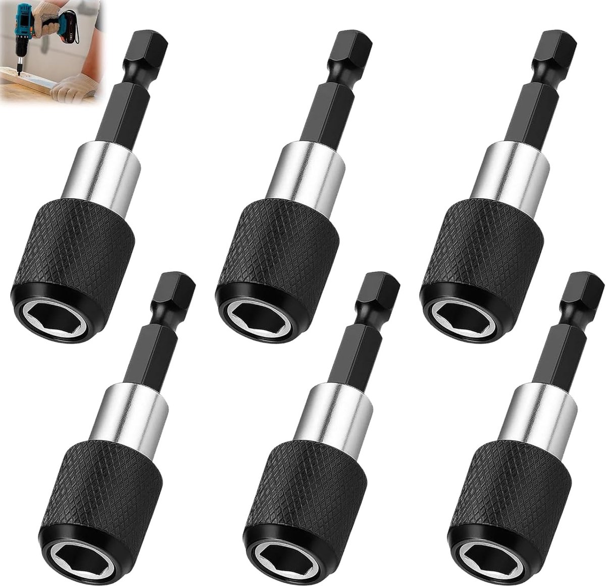 SnelShoppen - Set van 6 magnetische bit houders 1/4 inch 60 mm, sterke magneet, compatibel met boormachines en accuschroefmachines, power tools