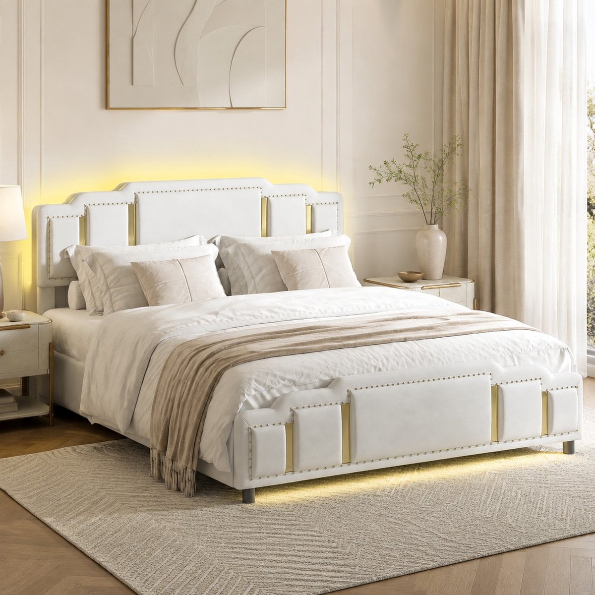 WUVRIE Opbergbed 140x200 cm met hydraulische lift, ledverlichting en fluwelen bekleding in beige