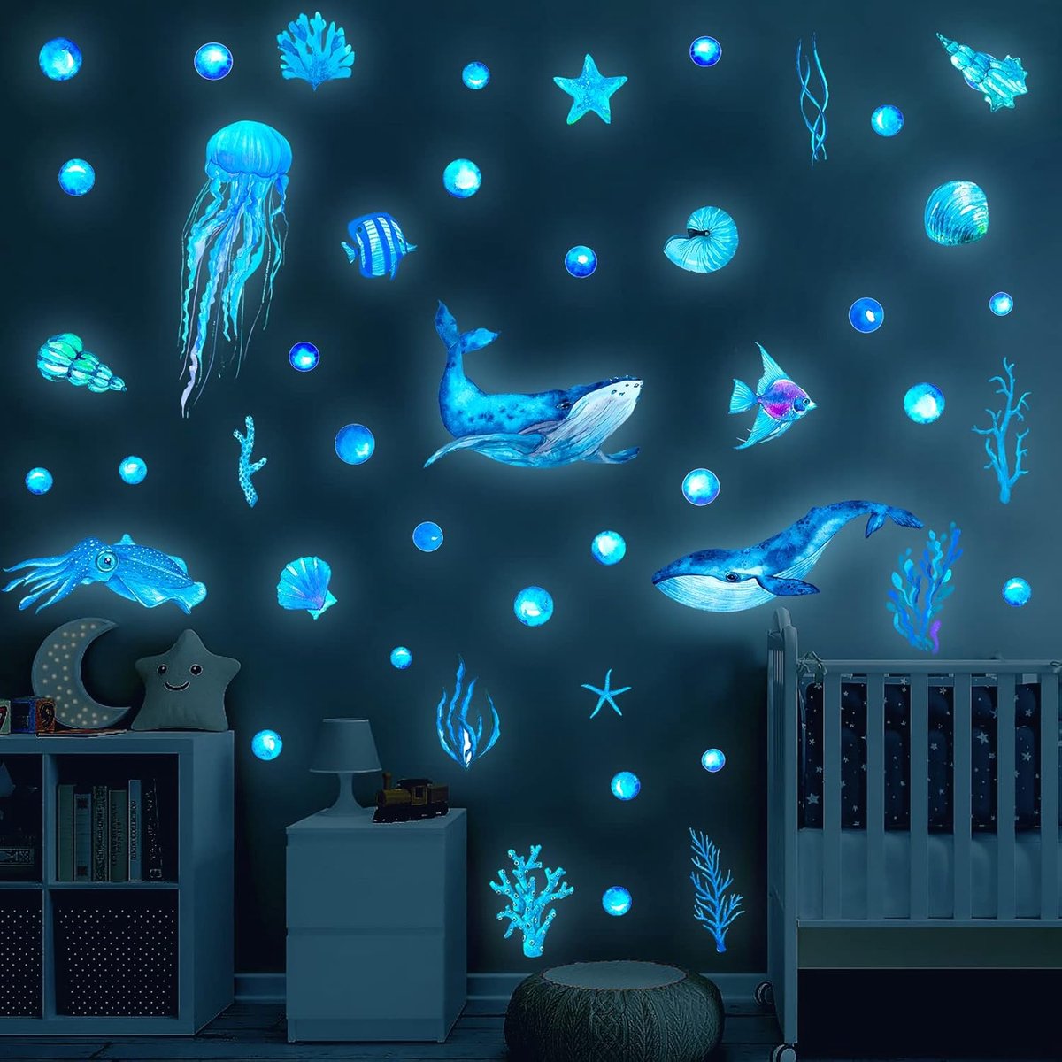 SnelShoppen - Lichtgevende Oceaan Zeedieren Muurstickers voor Kinderkamer, Slaapkamer en Babykamer - Onderwater Decoratie voor Meisjes en Jongens, Ide