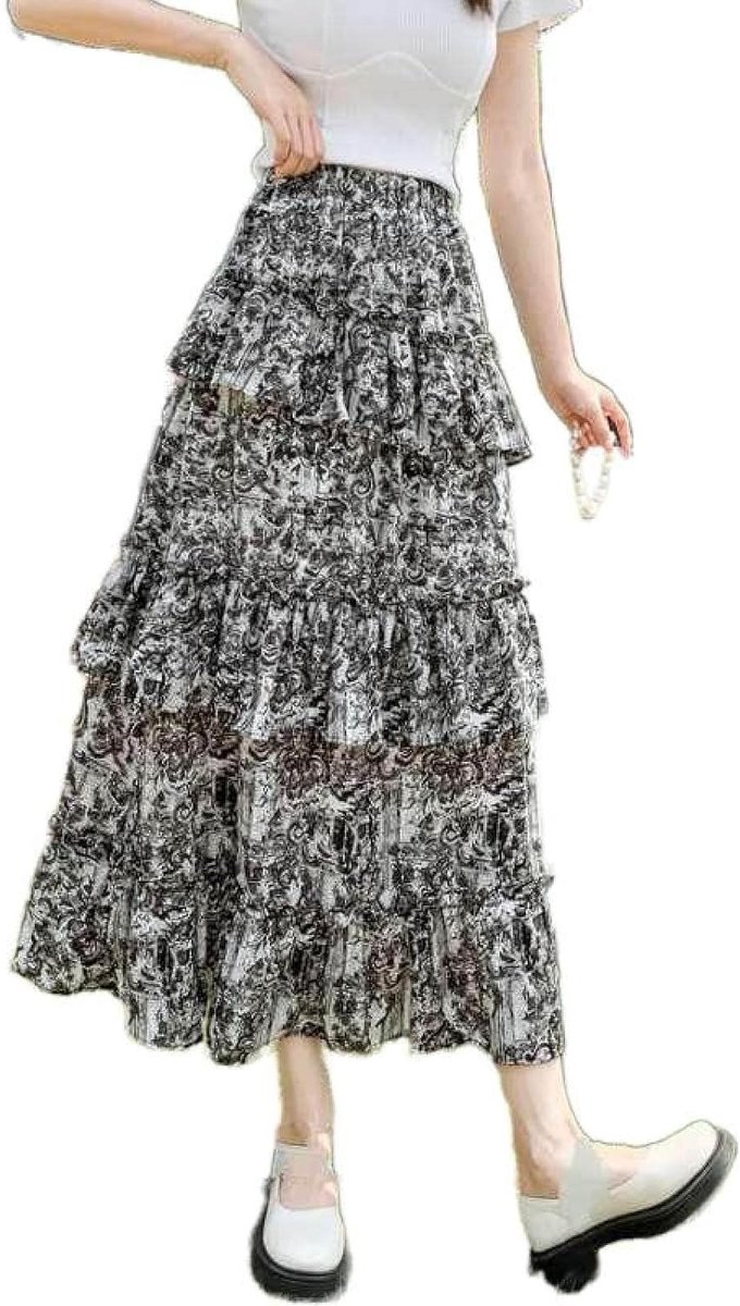 Rok Met Hoge Taille En Ruches - Zomer Chiffon Retro Bloemenprint Halflange Paraplu Rok Sexy Split Ontwerp Rok, Mode Huidvriendelijke Zachte A-Lijn Rok, Afbeelding Kleur, Één Maat