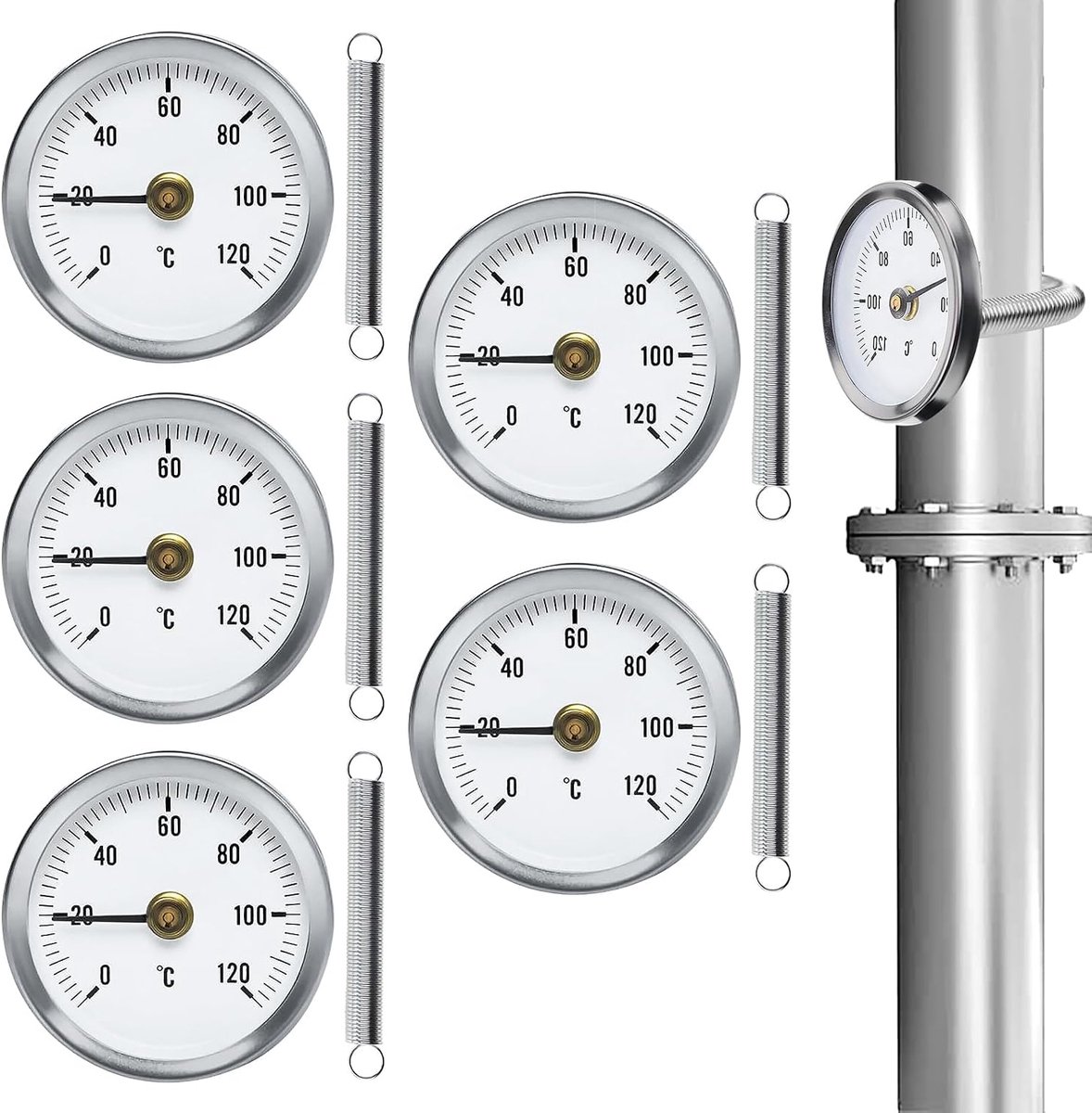 5 stuks installatiethermometer, verwarmingsbuis, buisthermometer, temperatuurweergave met clip-on veer, met steekveer, 63 mm warm water, thermometer, wijzerthermometer voor buizen 0-120 °C