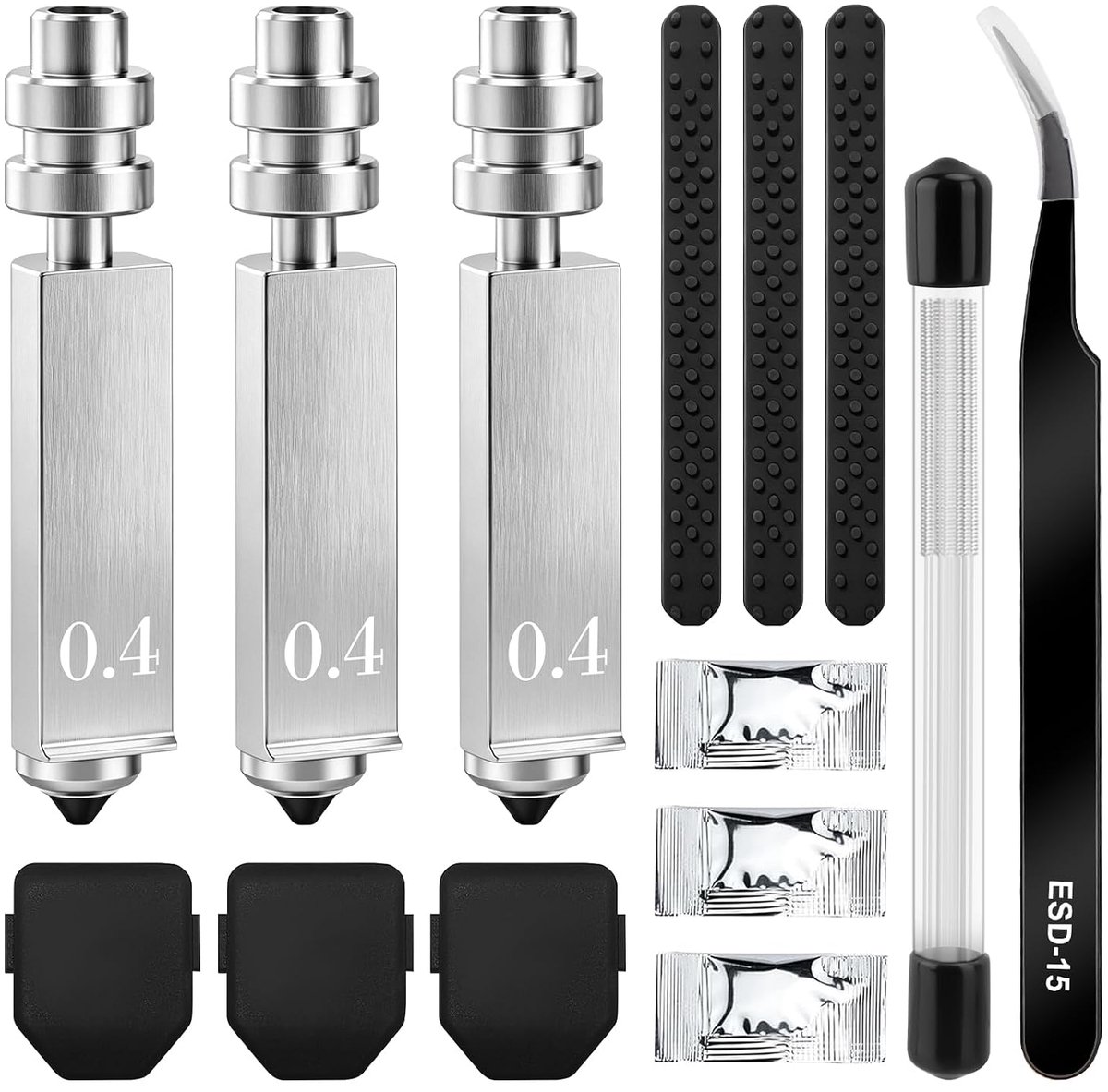 3 stuks Kobra X/Kobra 4 0,4 mm gehard stalen mondstuk, snelle vervanging hotend kit, hoge snelheid printkoppen voor Anycubic KX / K4, met siliconen afdekking, mondstuk wisser en reinigingsnaald