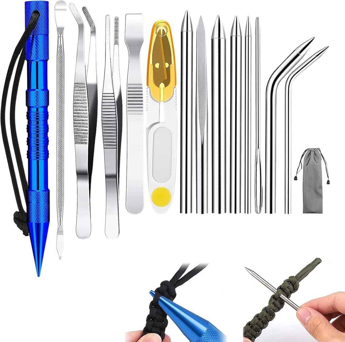 Tool Set 14-delig – FID Naalden, Marlin Spike, Gebogen Naalden & Schaar – Paracord Gereedschap met Waterdichte Opbergtas voor DIY en Knutselen